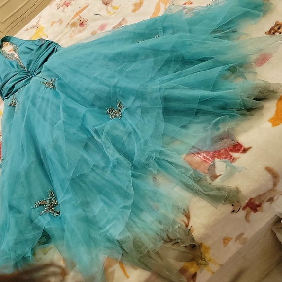 🤎 PROM TULLE LACE V BRONZE HALTER FORMAL GREEN BLUE MERMAID GRUNGE ROCK GOWN - Picture 8 of 8